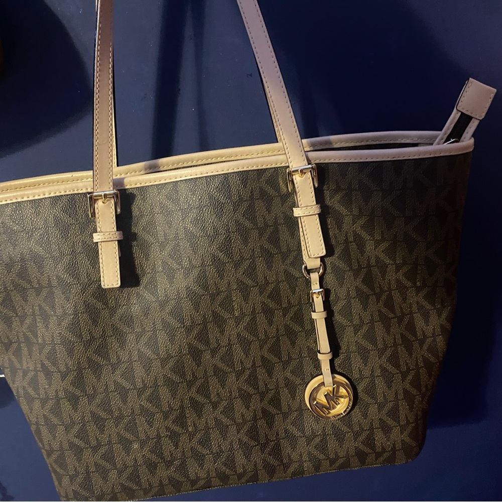 Michael Kors Brown and Cream Tote with Signature Monogram